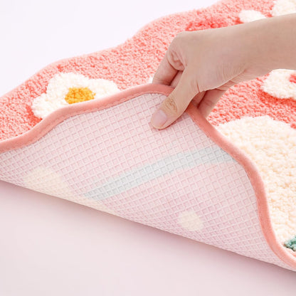 Flower Bath Mat, Cute Funny Pink Textured Floral Plant Bathroom Rug, Plush Soft, Highly Absorbent, Non-Slip, Machine Washable for Shower, Bathtub Side and Doormat, 17.71" x 27.56", Smile