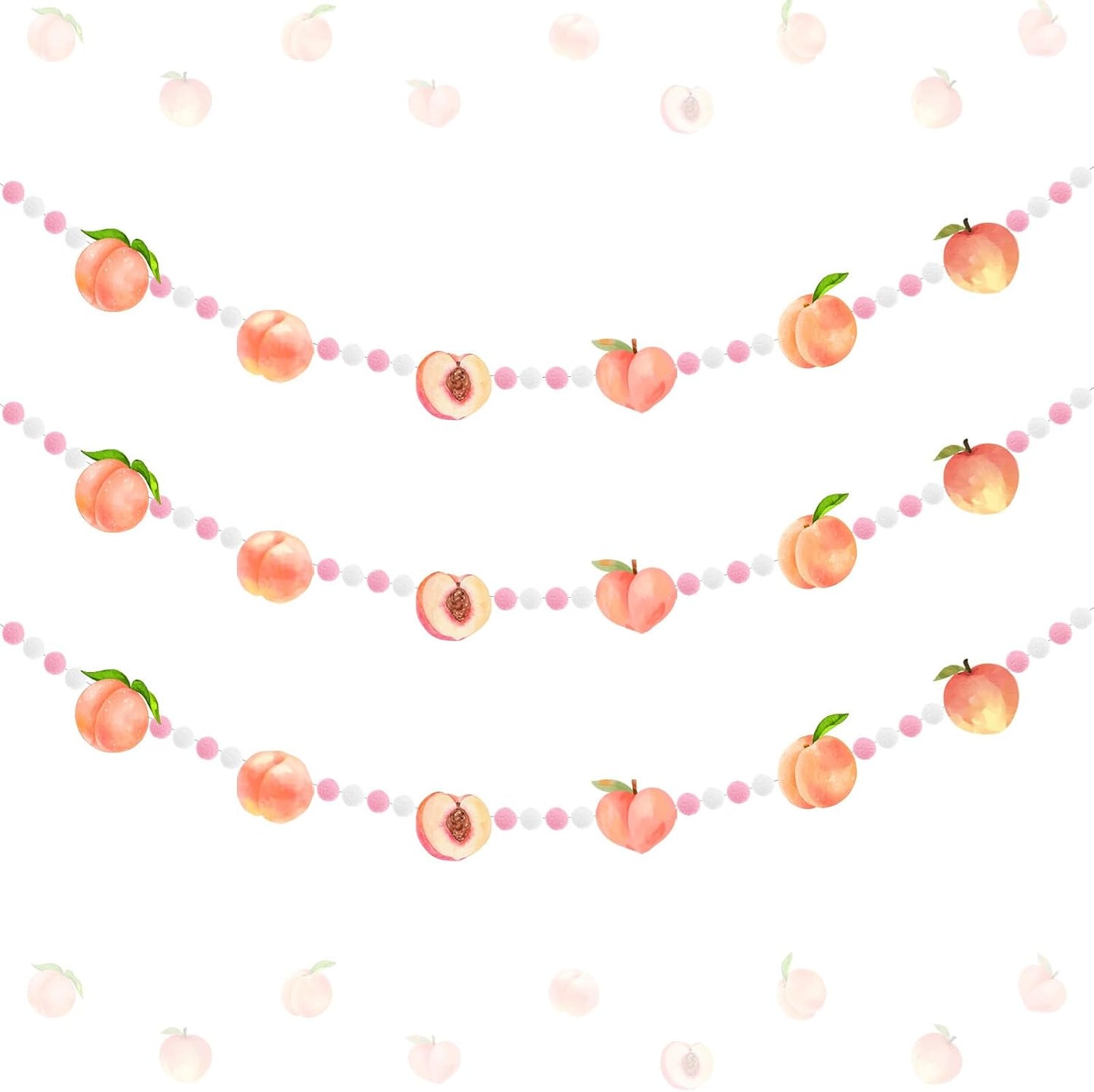 3 Pcs Peach Theme Felt Balls Garlands, 4.9 Ft Pink Fruit Pom Pom Balls Decorative Banner Garland, Wall Hanging for Holiday Wedding Nursery Home Birthday Decorations