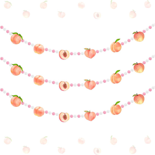 3 Pcs Peach Theme Felt Balls Garlands, 4.9 Ft Pink Fruit Pom Pom Balls Decorative Banner Garland, Wall Hanging for Holiday Wedding Nursery Home Birthday Decorations