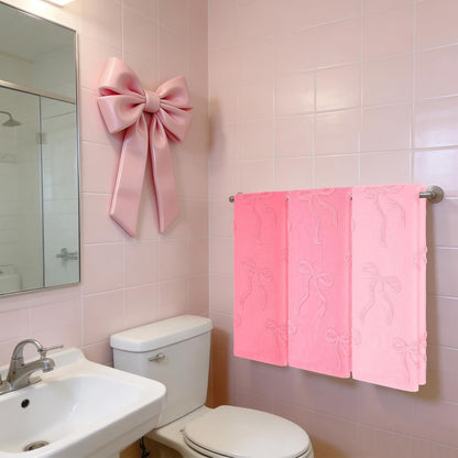 Whaline 3Pcs Pink Bow Hand Towel 3D Jacquard Cotton Towel Absorbent Coquette Dish Towels for Valentine's Day Home Kitchen Bathroom, 13.8 x 29.5 Inch