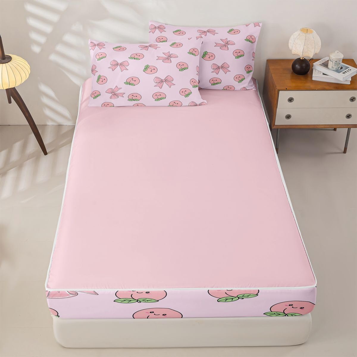 Erosebridal Bowknot Zipper Comforter Set Queen Peach Bedding Set Cute Cartoon Peaches Kawaii Pink Bow Bed in a Bag Fruit Princess Ribbon Bowtie Zippered Quilt Fitted Sheet,2 Pillowcases