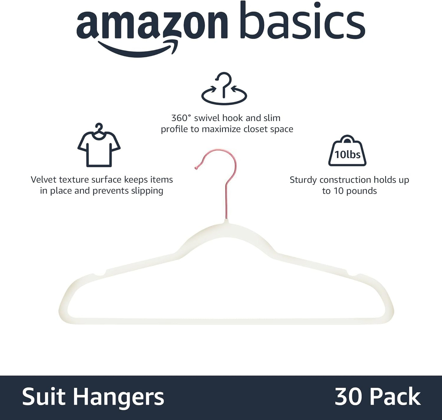 Amazon Basics Slim Velvet Non-Slip Space Saving Suit Clothes Hangers, Closet Organizer, Ivory/Rose Gold, 30-Pack