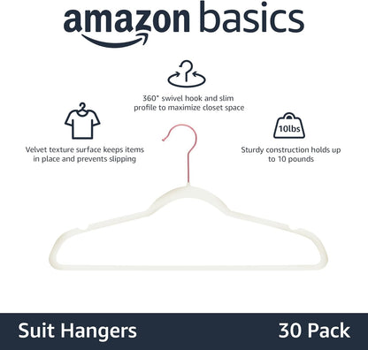 Amazon Basics Slim Velvet Non-Slip Space Saving Suit Clothes Hangers, Closet Organizer, Ivory/Rose Gold, 30-Pack