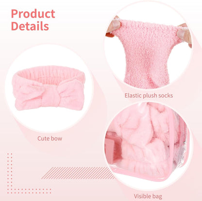 Homaisson 6 Sets Sleepover Party Supplies, Spa Set with Plush Sleep Eye Mask, Headband, Hair Clip, Socks, Bag for Girls Women Slumber Spa Birthday Pajama Gifts, Pink