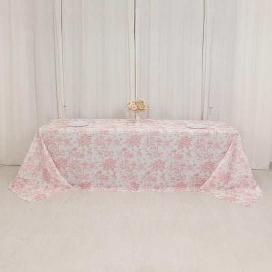 90x156 inch Rectangular Tablecloth White Pink French Toile Polyester Vintage Pastoral Floral Rustic Washable Table Cover for Indoor & Outdoor, Farmhouse Decor, Picnic, Tabletop Decoration