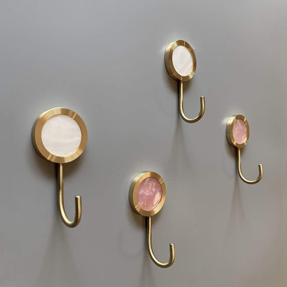 Solid Brass Decorative Wall Hook, Self-Adhesive Hole Free Wall Mount, Shining Gold Fancy Hook (Blossom Pink–Pack of 2)