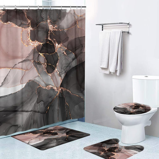 Ansouyi 4Pcs Bathroom Shower Curtain Sets with Non-Slip Rugs, Toilet Lid Cover and Bath Mat, Abstract Pink Gold Black Marble Durable Waterproof Shower Curtain for Bathroom Set, 72x72 Inch