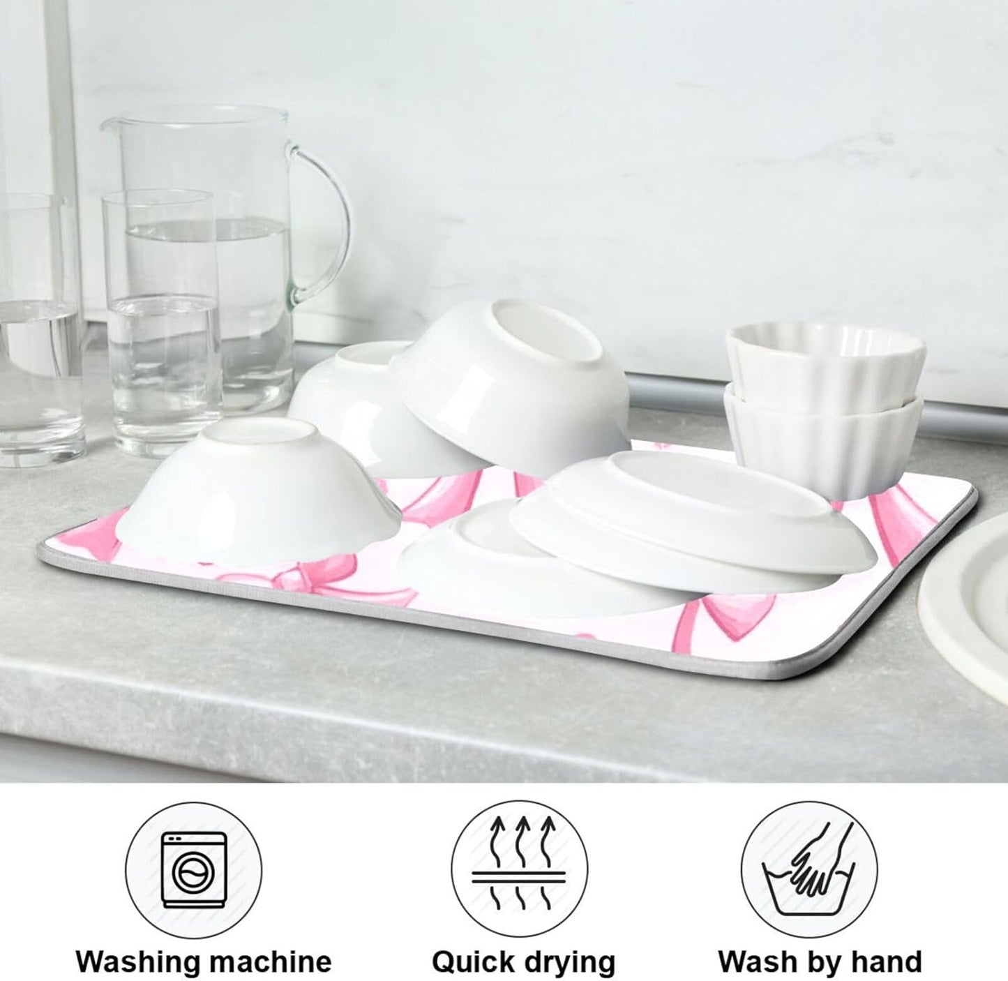 Kcldeci Pink Bows Dish Drying Mat Kitchen Counter Mat Draining Mat Kitchen Accessories Dish Rack Pad for Dishes, Utensils, Countertops, Sinks 18x24in
