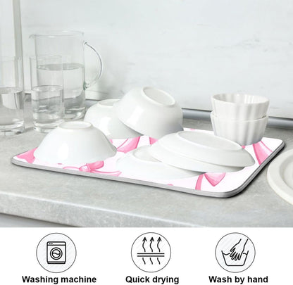 Kcldeci Pink Bows Dish Drying Mat Kitchen Counter Mat Draining Mat Kitchen Accessories Dish Rack Pad for Dishes, Utensils, Countertops, Sinks 18x24in