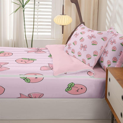 Erosebridal Bowknot Zipper Comforter Set Queen Peach Bedding Set Cute Cartoon Peaches Kawaii Pink Bow Bed in a Bag Fruit Princess Ribbon Bowtie Zippered Quilt Fitted Sheet,2 Pillowcases