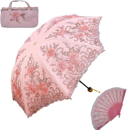 Vintage Lace Umbrella, UPF50+ Sun Umbrella, 3D Flower Chinese Embroidery Compact Folding Umbrella for Walking, Wedding, Tea Party,Photo Shooting