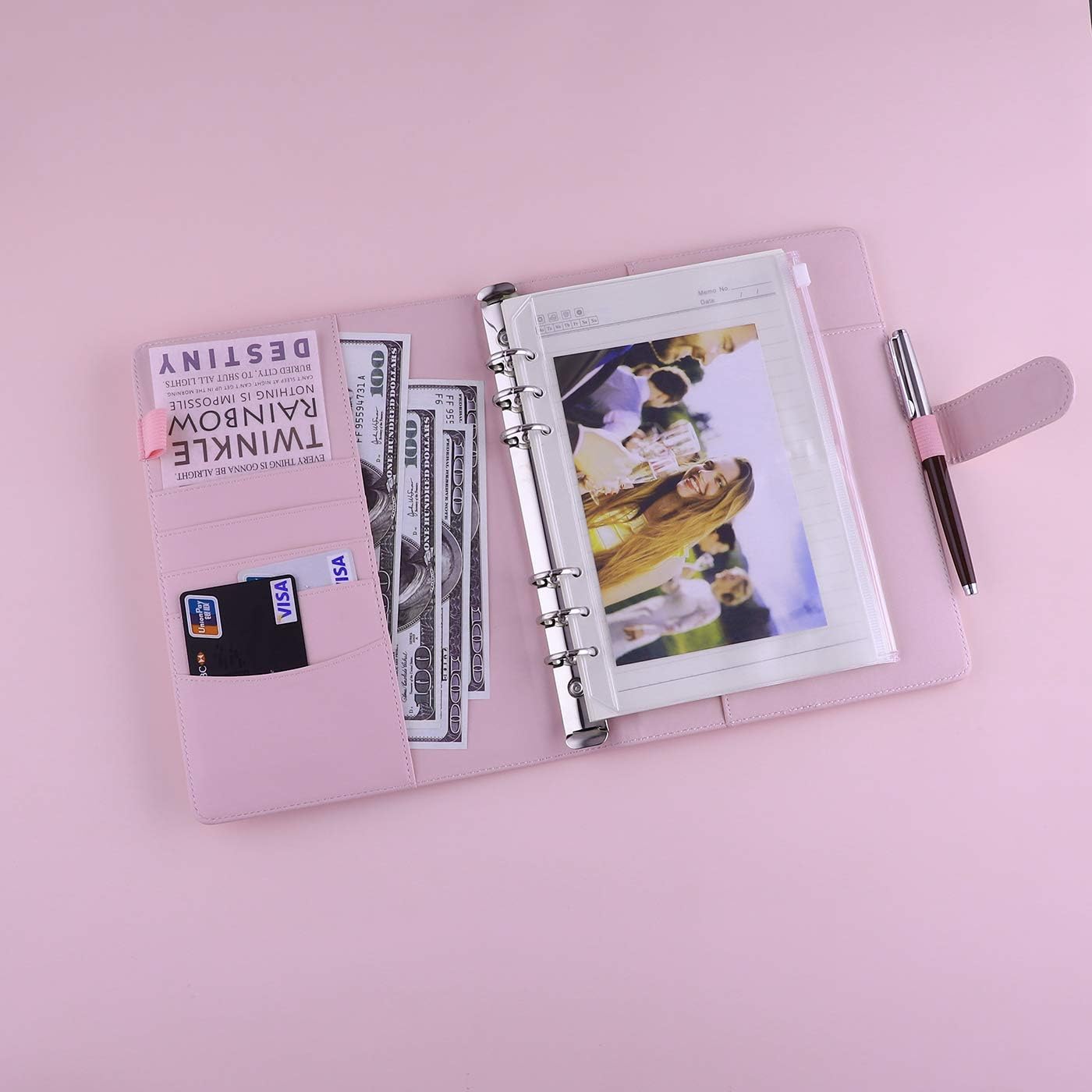 Antner A5 Binder 6 Ring Refillable Notebook Planner Cover for A5 Planner Inserts & Refill Paper, PU Leather Loose Leaf Budget Binder Personal Organizer Kpop Photocard Holder with Magnetic Buckle, Pink