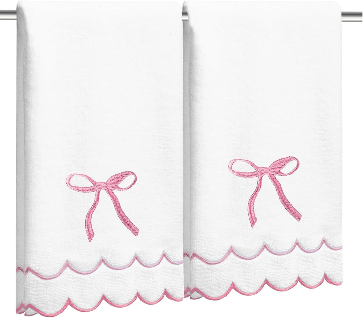 2 Pcs Coquette Bow Hand Towels 15.75 x 27.56 Inch Scalloped Embroidered Dish Towel 100% Cotton Cute Preppy Decorative Bath Hand Towel for Kitchen Bathroom (Pink)