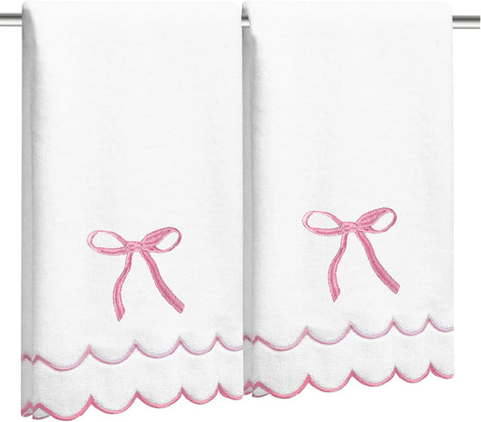 2 Pcs Coquette Bow Hand Towels 15.75 x 27.56 Inch Scalloped Embroidered Dish Towel 100% Cotton Cute Preppy Decorative Bath Hand Towel for Kitchen Bathroom (Pink)