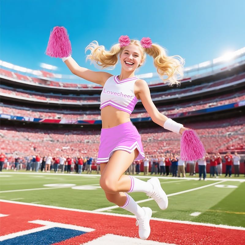 Lovecheer 5PCS Pom Poms Cheerleading and Pompoms Hair Rope Cheerleader Costume for Basketball Soccer Baseball Sports Team Spirits Dance Performance