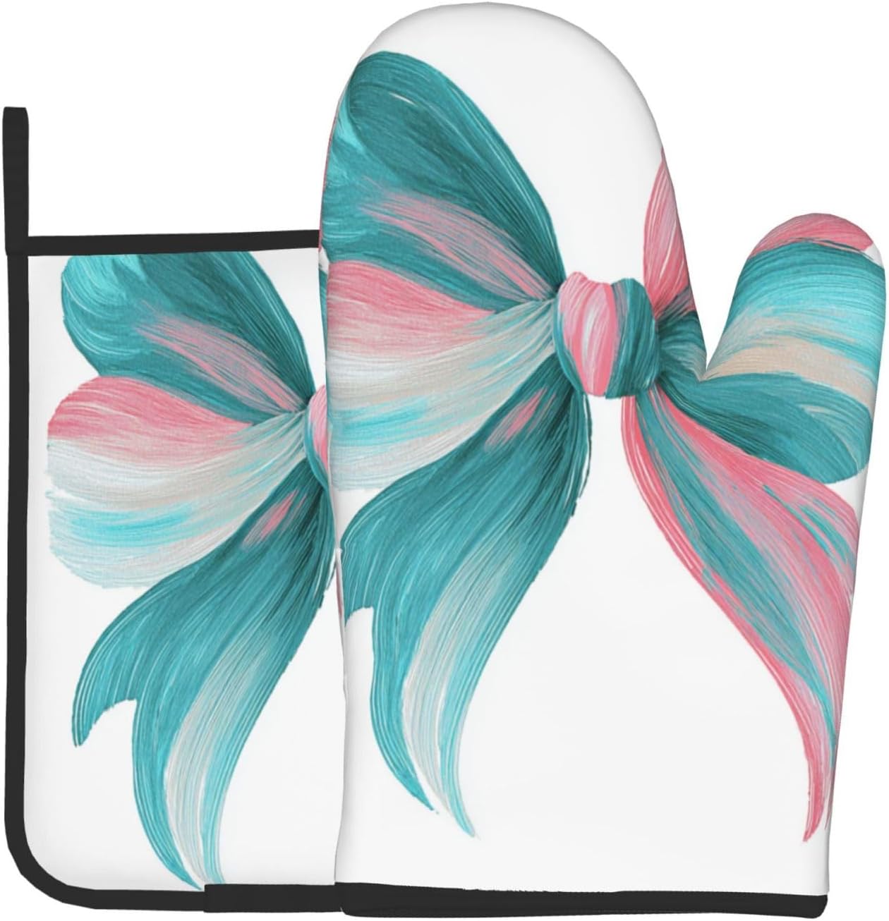 Light Pink Teal White Bow Oven Mitts and Pot Holders Sets,Heat Resistant Potholder Kitchen Decor for Cooking Baking BBQ, Oven Glove Set