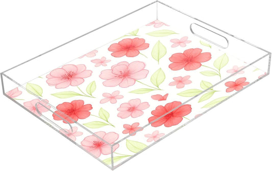 Watercolor Flowers Pink Serving Tray Acrylic Decorative Trays 16" x 12" Serving Platter with Handles for Coffee Table, Dessert Party, Bathroom Vanity Countertop
