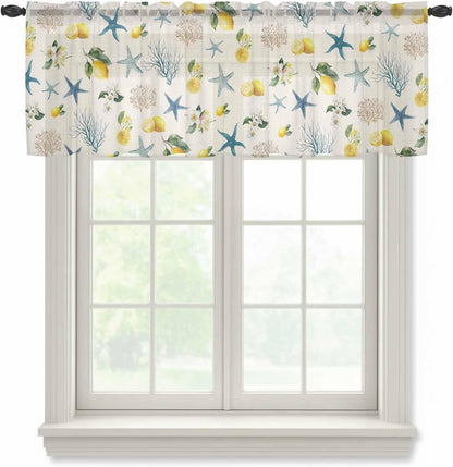 Summer Ocean Starfish Sheer Curtains Valances for Windows Lemons Coastal Coral Flowers Beige Chiffon Kitchen Valances for Cafe, Voile Window Treatments Curtains for Living Room Bedroom, 54"x18"