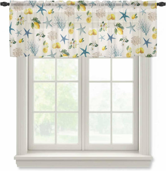 Summer Ocean Starfish Sheer Curtains Valances for Windows Lemons Coastal Coral Flowers Beige Chiffon Kitchen Valances for Cafe, Voile Window Treatments Curtains for Living Room Bedroom, 54"x18"