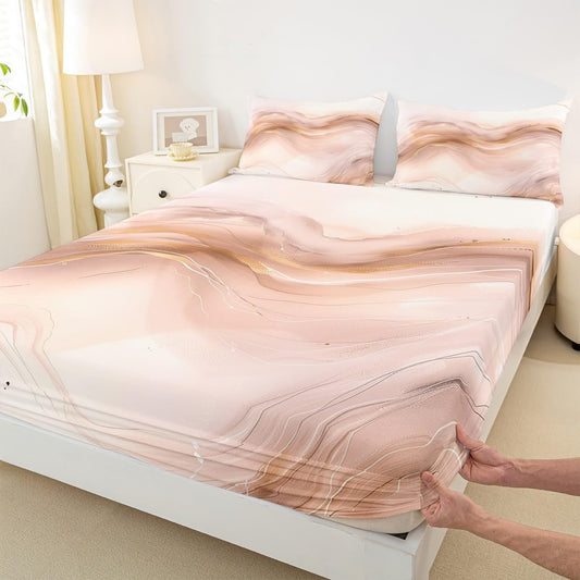 Erosebridal Marbling Fitted Sheet for Boys Girls Kids Peach Pink Marble Queen Bed Sheets,Watercolor Ink Paintings Sheets Abstract Texture Bedding Sets, No Top Sheet