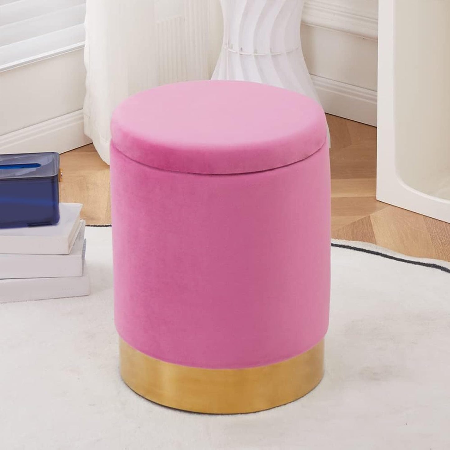 Velvet Storage Ottoman Multipurpose Footrest Stool with Metal Base Modern Round Vanity Stool Chair Ottoman Foot Stools Support 300 lbs Padded Seat for Living Room (Rose Pink)