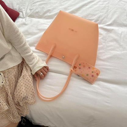 Jelly Tote Bag For Women Waterproof PVC Handbag With Floral Coin Purse Pendant For Beach Daily Use