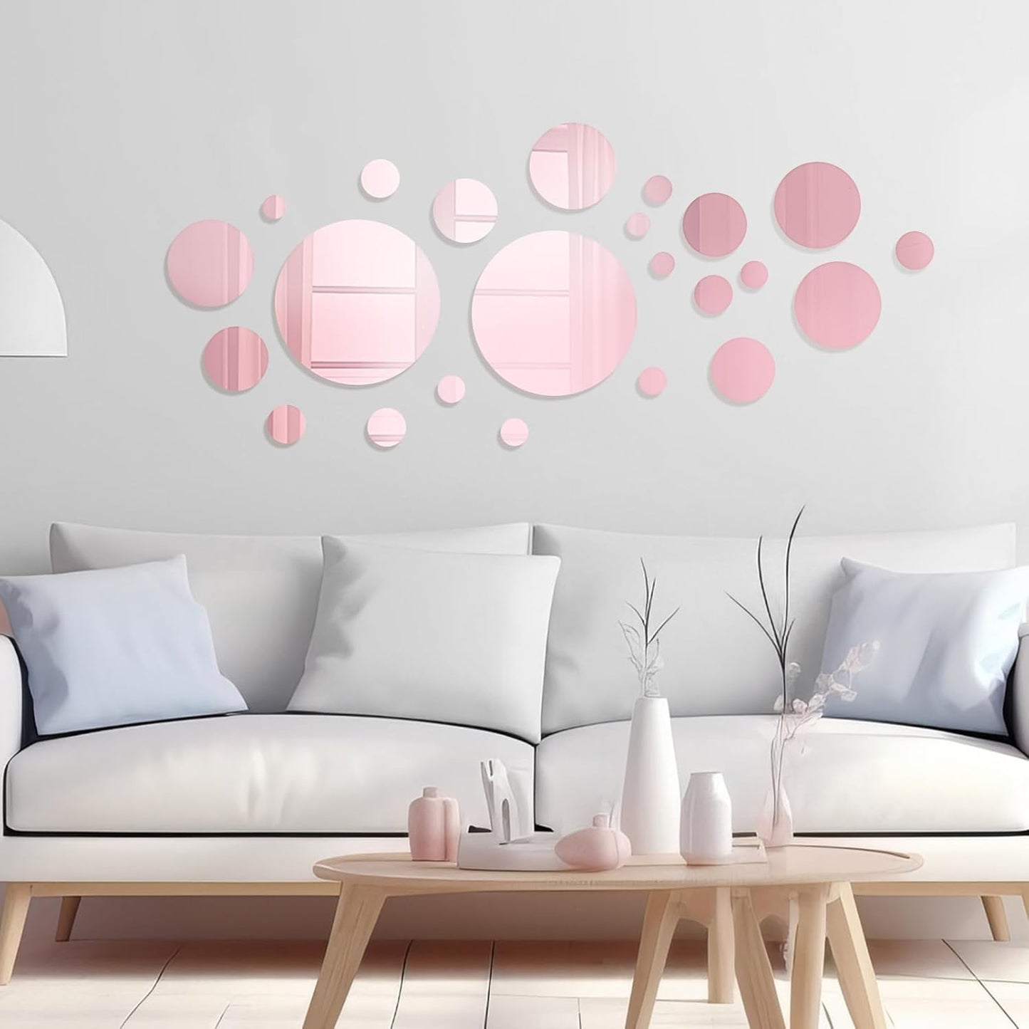 Shappy 32 Pieces Mirror Wall Stickers Removable Acrylic Setting Adhesive Round Circle Mirror Tiles Decals for Home Living Room Bedroom Decor(Rose Gold,Small Size)