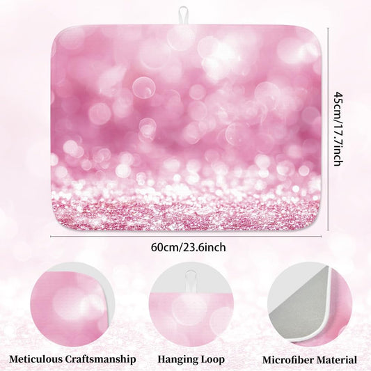 INFUNLY Crystal Pink Dish Drying Mat Shiny Pink Dishes Drainer Mat for Kitchen 24x18Inch Microfiber Polyester Cotton Absorbent Draining Pad Heat Resistant Coffee Bar Counter Mat with Hanging Loop