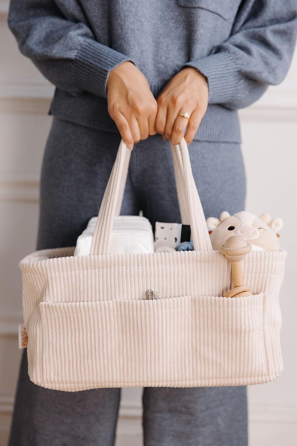 Diaper Caddy Organizer - Baby Pink Curdoroy Baby Storage Bin for Nursery & Car | Baby Shower Basket & registry Essential