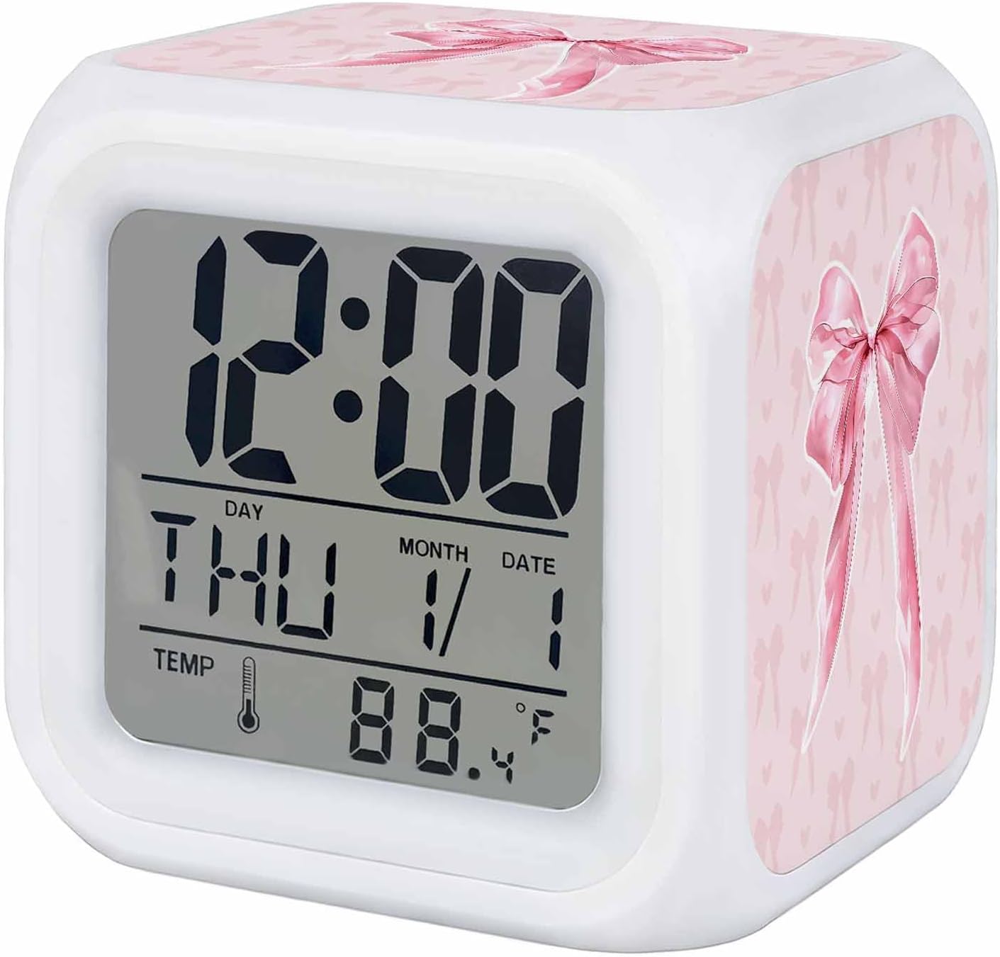 Pink Bow Alarm Clock, Cute Coquette Watercolor Bow Knot Ribbon Love Heart Digital Clock Night Light with 7 Color, Calendar Temperature Display, NightLight Clock for Bedroom, 3.2x3.2in