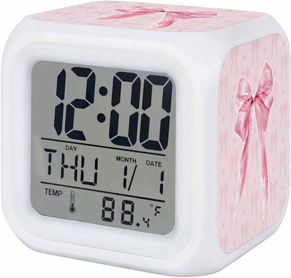 Pink Bow Alarm Clock, Cute Coquette Watercolor Bow Knot Ribbon Love Heart Digital Clock Night Light with 7 Color, Calendar Temperature Display, NightLight Clock for Bedroom, 3.2x3.2in