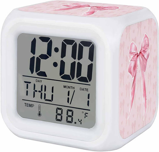 Pink Bow Alarm Clock, Cute Coquette Watercolor Bow Knot Ribbon Love Heart Digital Clock Night Light with 7 Color, Calendar Temperature Display, NightLight Clock for Bedroom, 3.2x3.2in
