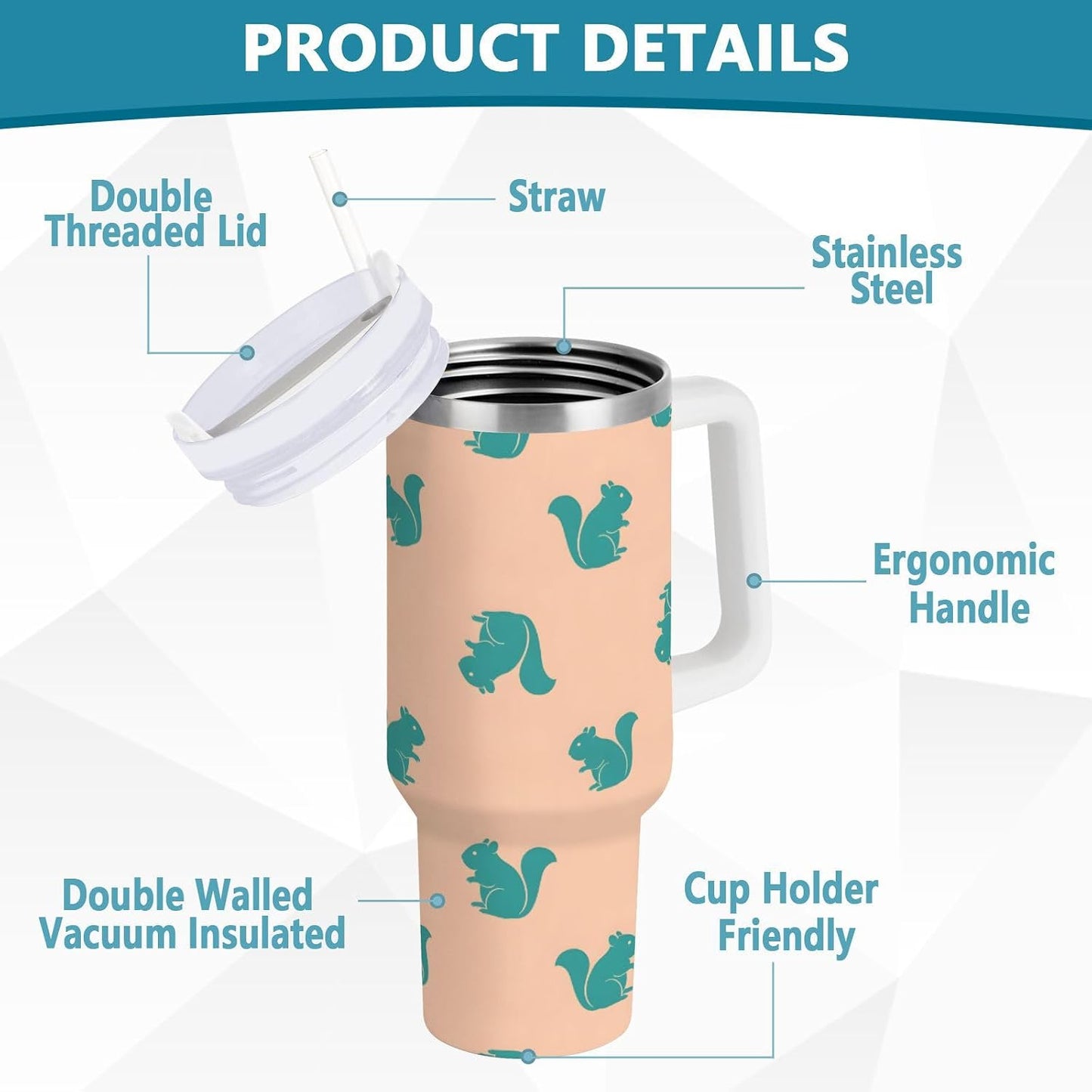 40 oz tumbler with handle and straw Blue Squirrel Pattern on Peach Stainless Steel Tumbler Leakproof Water Bottle Vacuum Insulated Cups With Lid Travel Mug For Car Cup Holder,