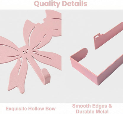Pink Over the Door Hooks Organizer, Decorative Flat Bow Over Door Towel Hook Rack for Bathroom & Bedroom, Aesthetic Over Door Coat Hook, No Drill Hanging, Detachable Design
