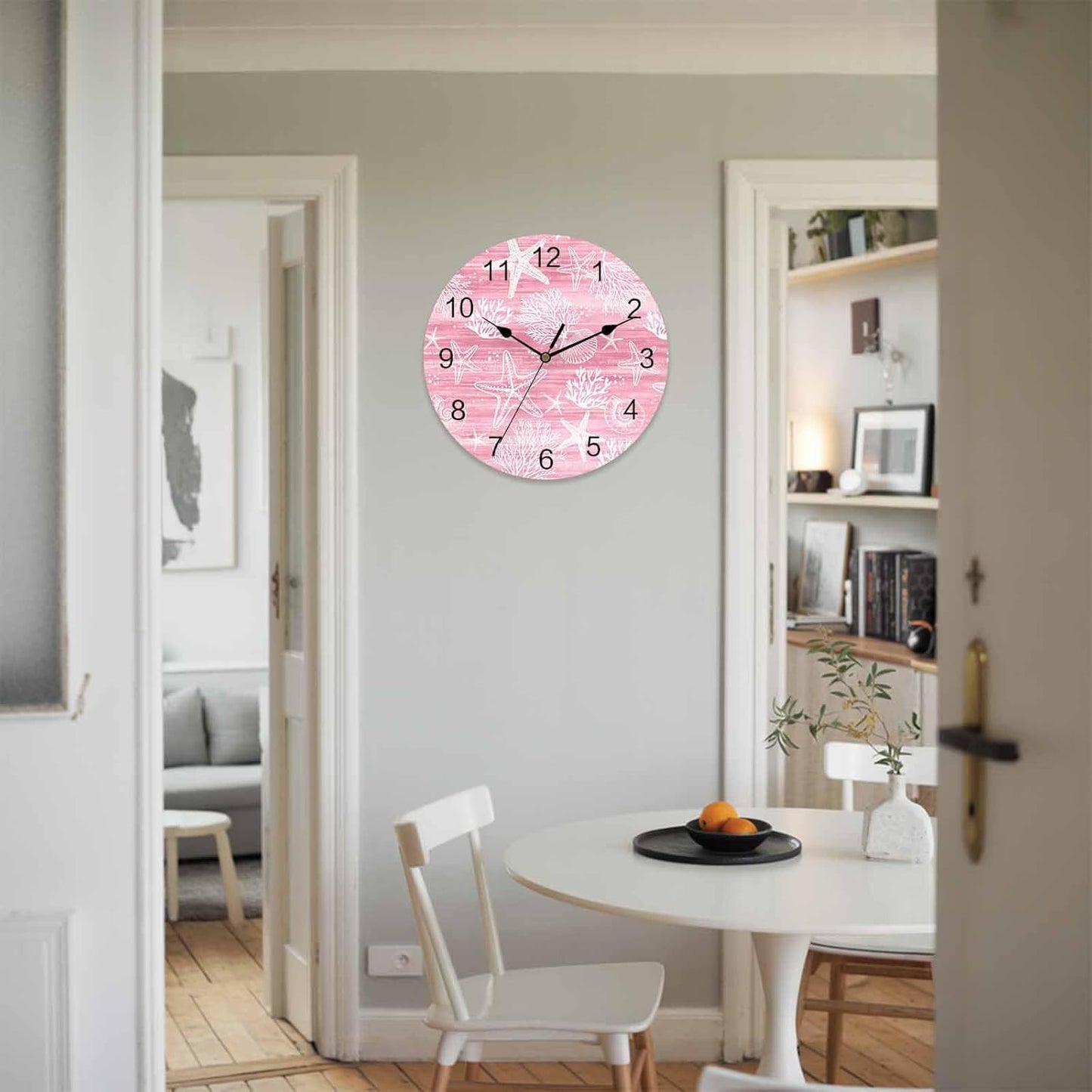 Wall Clock Pink Coral Shell Starfish Clocks PVC Silent Non-Ticking Battery Operated Decorative Grey Summer Ocean Conch Round Clock for Home Living Room Kitchen Bedroom Office School Wall Decor 14 Inch