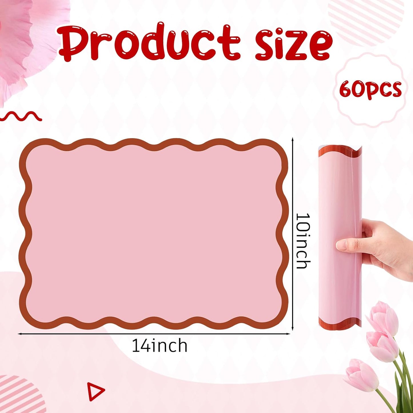 Pink Scalloped Paper Placemats 60 Pcs Disposable Coated Paper Waterproof Place Mat with Wavy Edge Table Decor for Baby Shower Party Supplie Birthday Wedding Banquet Tea Party (10 x 14 Inch Rectangle)
