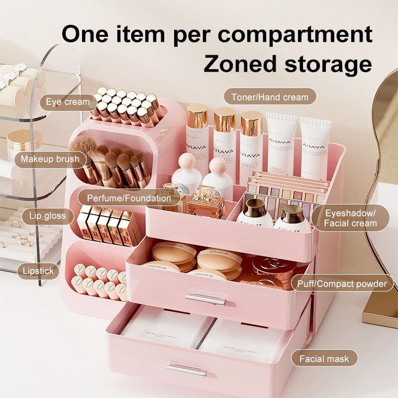 Makeup Organizer with Drawers,Large Capacity Countertop Organizer for Vanity,Bathroom and Bedroom Desk Cosmetics Organizer,Easy To Storage Skincare,Brushes,Lotions (All Pink)