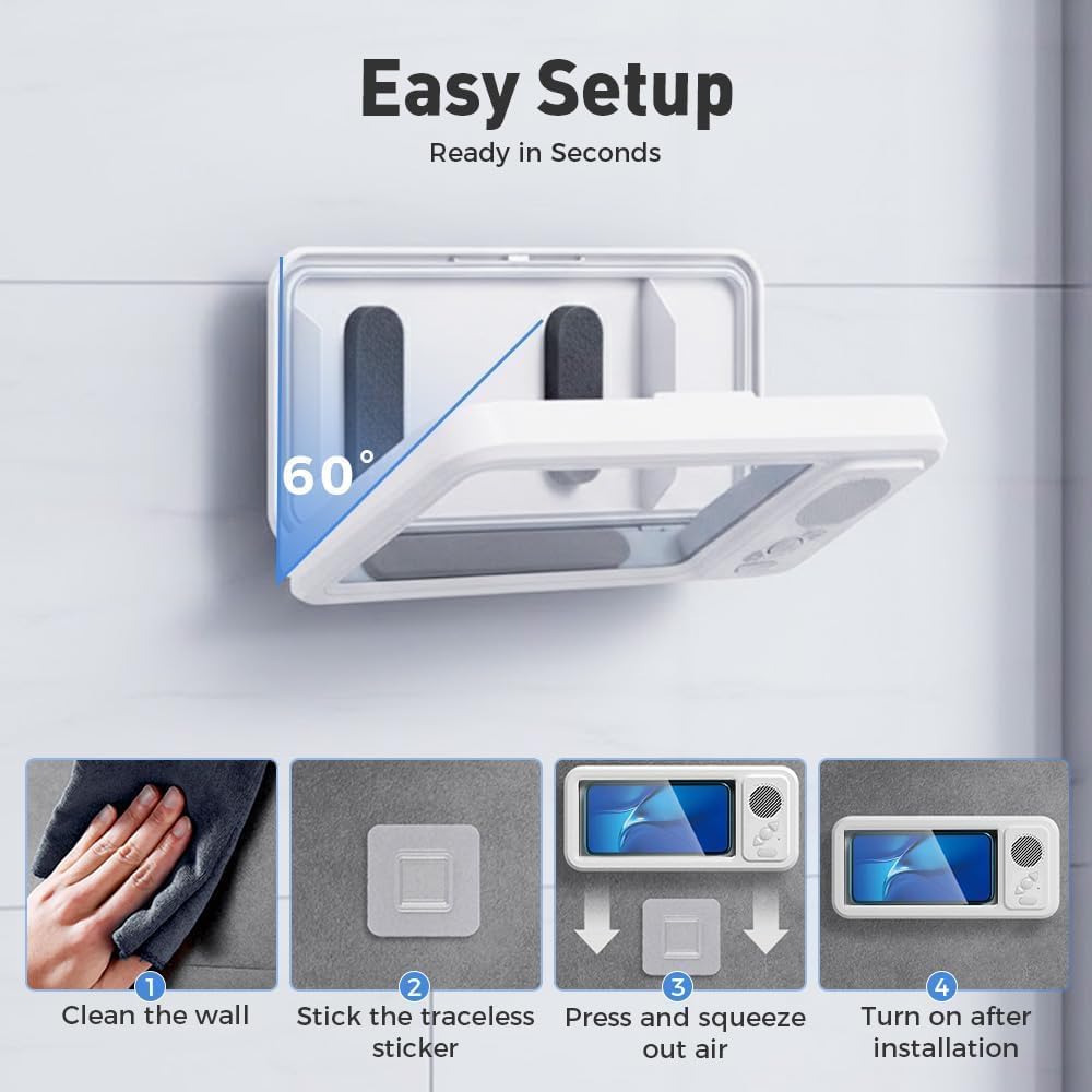 RTENBUAN Shower Phone Holder Waterproof with Wireless Bluetooth Speaker, Hands-Free Shower Phone Holder for Any Phone, Wall Mounted Phoneholder for Bathroom Mirror (Pink)