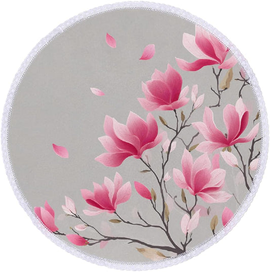 Round Tablecloth with Lace Trim Pink Magnolia Flower Art On Gray,60IN