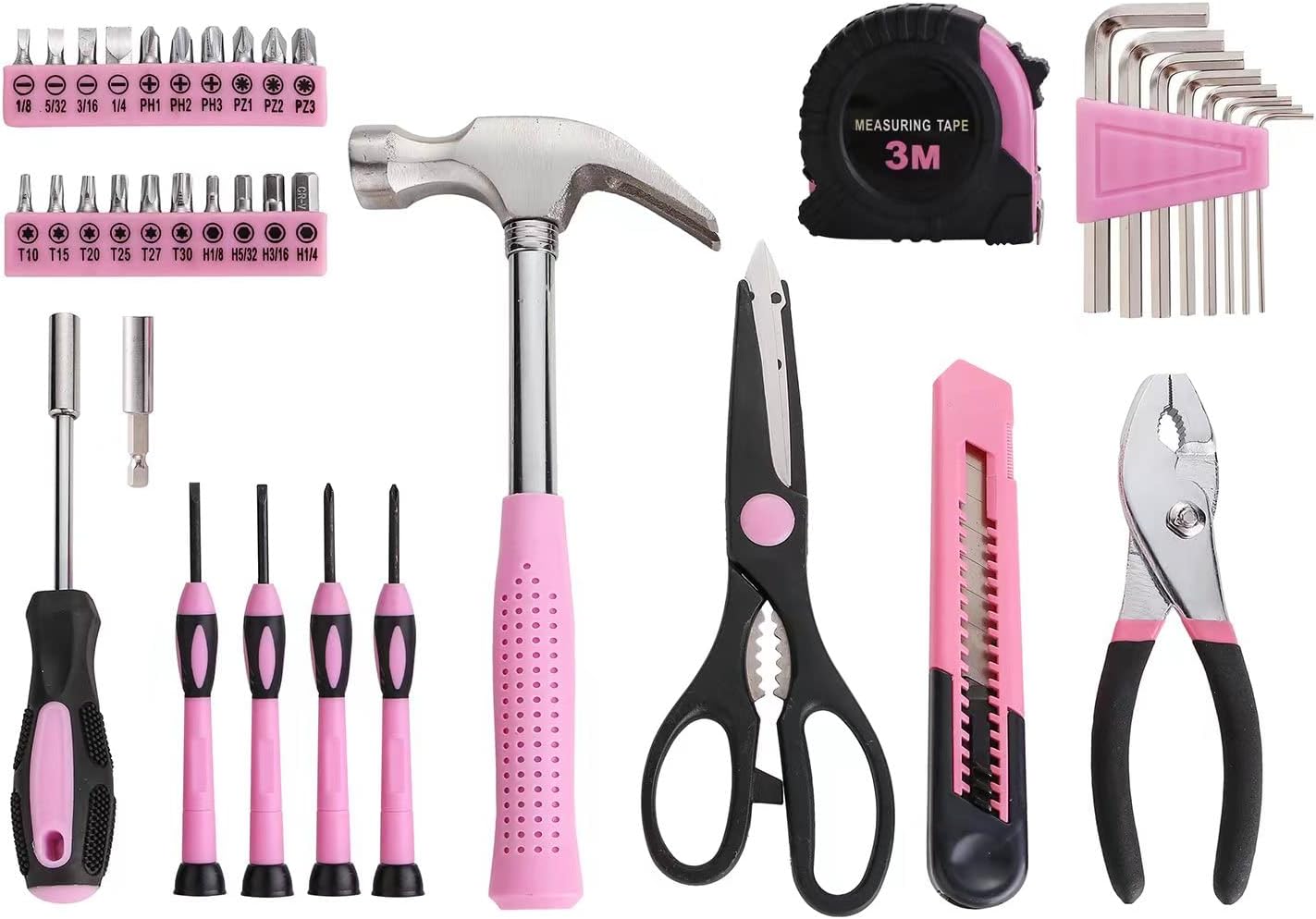 39 Piece All Purpose Basic Household Pink Tool Kit for Women - Small Tool Set with Toolbox Great for Home, Garage, Office and College Dormitory Use