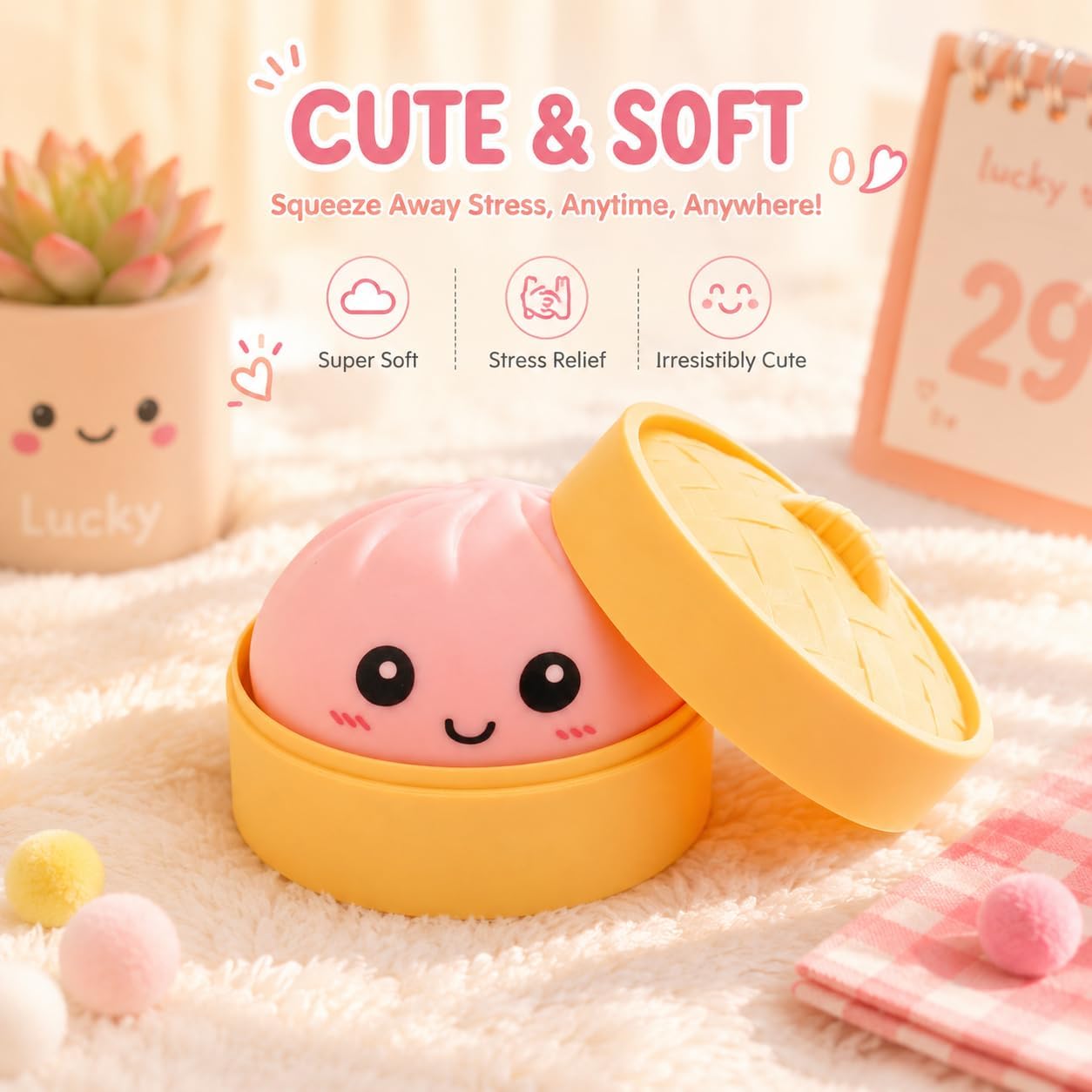 Pink Dumpling Squishies with Box,Squishies Dumplings Stress Relief Balls Fidget Sensory Toy,Bao Bun with Food Steamer Stretchy Desk Squeeze Toys