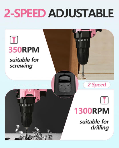 Cordless Drill Driver Set 20V Power with Battery Charger and Carrying Case, 25+1 Torque Electric Drill, Variable Speed, 266 In-lb, 3/8'' Keyless Chuck, 34pcs Driver Bit, for Women, Pink