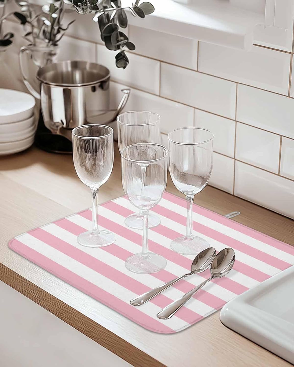 Dish Drying Mat Pink White Stripes Dish Drying Mats for Kitchen Counter Valentine's Day Absorbent Microfiber Dish Drying Mat Dish Rack Mat with Hanging Loop, Quick Drying Dish Mat 16*18in