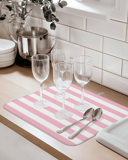 Dish Drying Mat Pink White Stripes Dish Drying Mats for Kitchen Counter Valentine's Day Absorbent Microfiber Dish Drying Mat Dish Rack Mat with Hanging Loop, Quick Drying Dish Mat 16*18in
