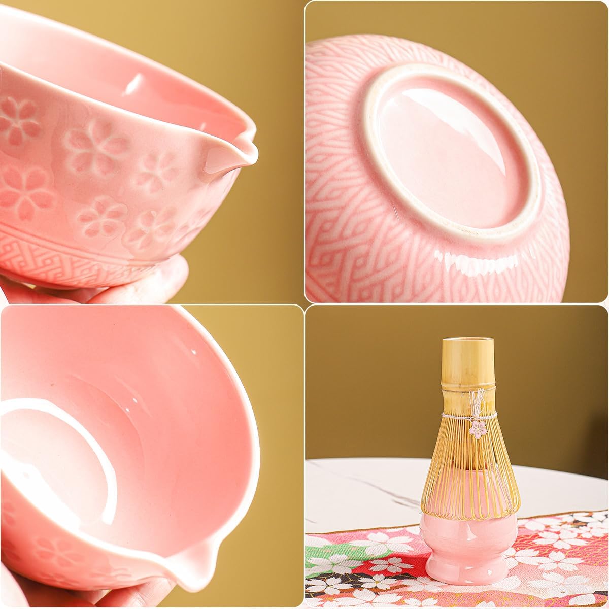 8-Piece Matcha Ceremony Set - Tea Kit with Cherry Blossom Bowl, Bamboo Whisk, Wood Scoops, Tea Cloth & Floral Display - Gift-Ready Pink Cherry color box (pink)