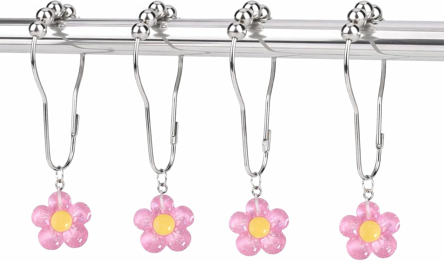 12 Pcs Pink Bow Shower Curtain Hooks, Decorative Shower Curtain Rings Rust Proof, Cute Aesthetic Bathroom Curtain Hooks for Girls, Teens & Women (Light Pink Flower)