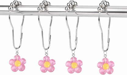 12 Pcs Pink Bow Shower Curtain Hooks, Decorative Shower Curtain Rings Rust Proof, Cute Aesthetic Bathroom Curtain Hooks for Girls, Teens & Women (Light Pink Flower)