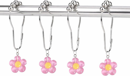 12 Pcs Pink Bow Shower Curtain Hooks, Decorative Shower Curtain Rings Rust Proof, Cute Aesthetic Bathroom Curtain Hooks for Girls, Teens & Women (Light Pink Flower)