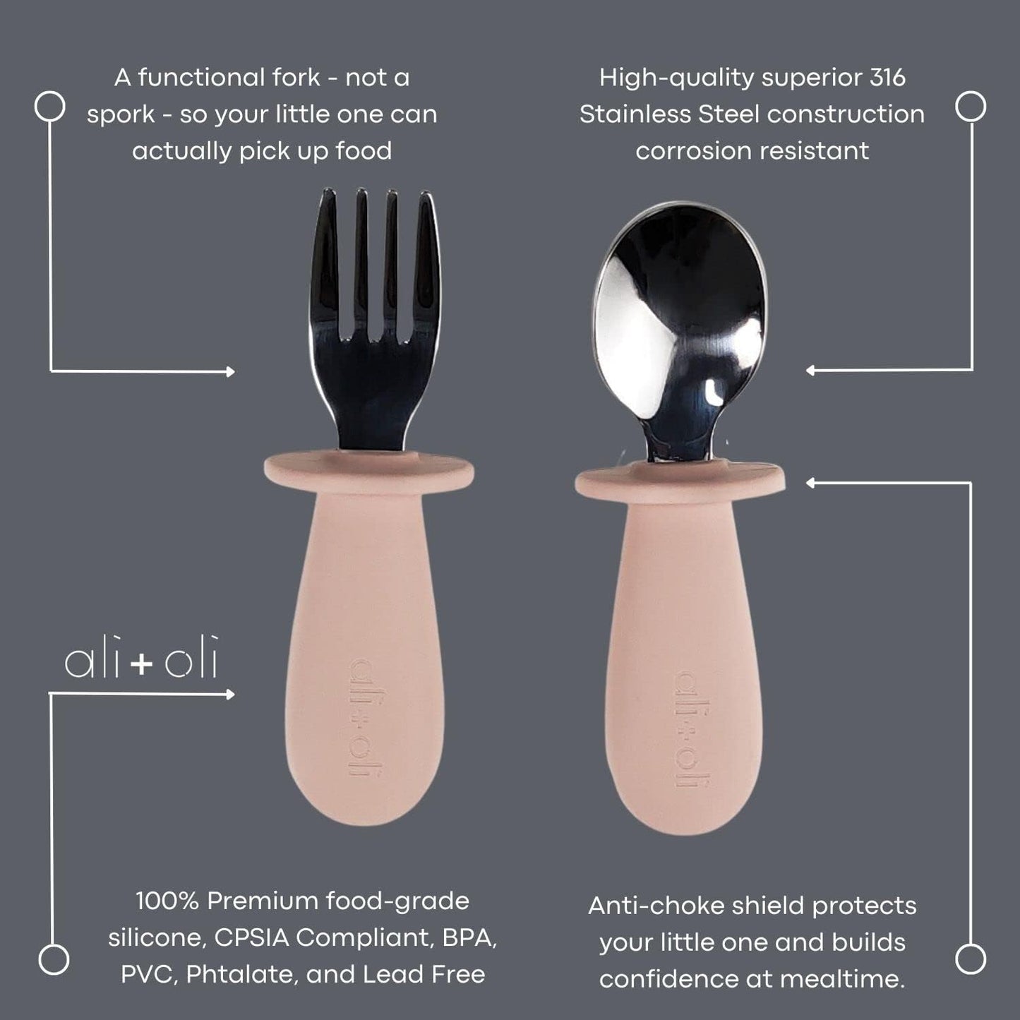 Ali+Oli Spoon & Fork Learning Set for Toddlers (Powder Pink) 6m+ Grab Easy BPA Free Food-Grade Silicone Handle, Kids Silverware Self Feeding Baby Utensil, Multi-stage Baby Feeding Set Ergonomic Design