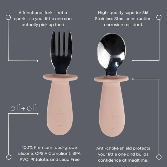 Ali+Oli Spoon & Fork Learning Set for Toddlers (Powder Pink) 6m+ Grab Easy BPA Free Food-Grade Silicone Handle, Kids Silverware Self Feeding Baby Utensil, Multi-stage Baby Feeding Set Ergonomic Design